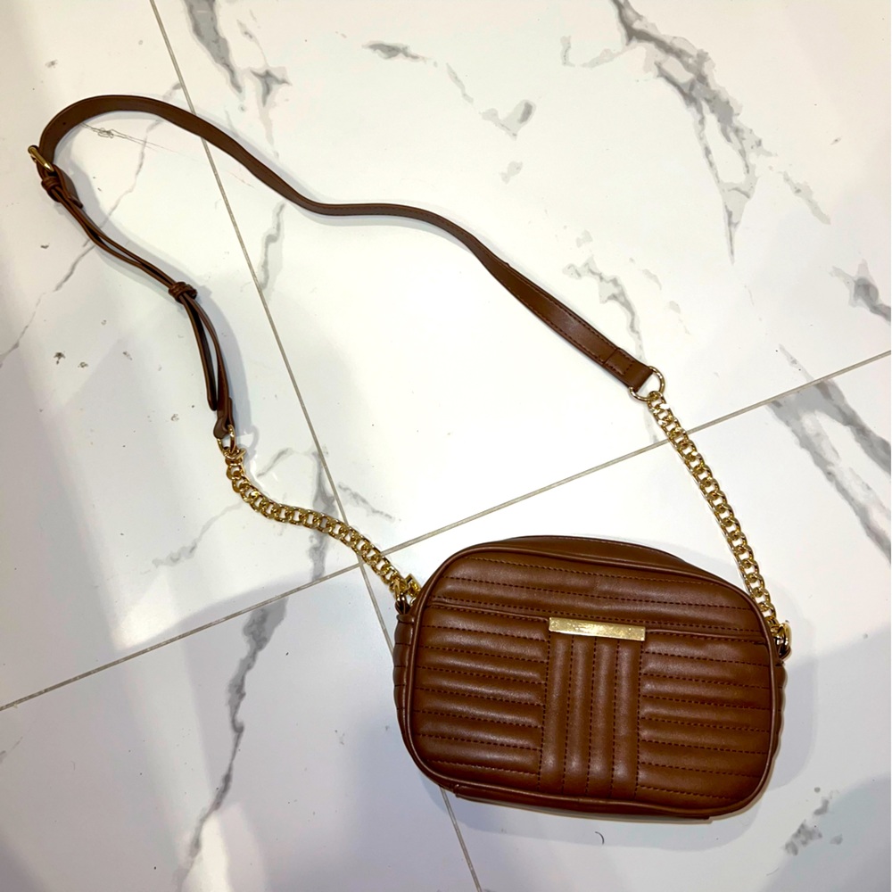Madison West brown pleather purse with gold chain